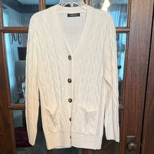 Merokeety Womens White Cable Knit Button Front V-Neck Cardigan Sweater Large